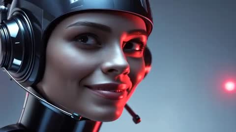 Female cyborg turning toward glowing red orb while communicating through helmet headset