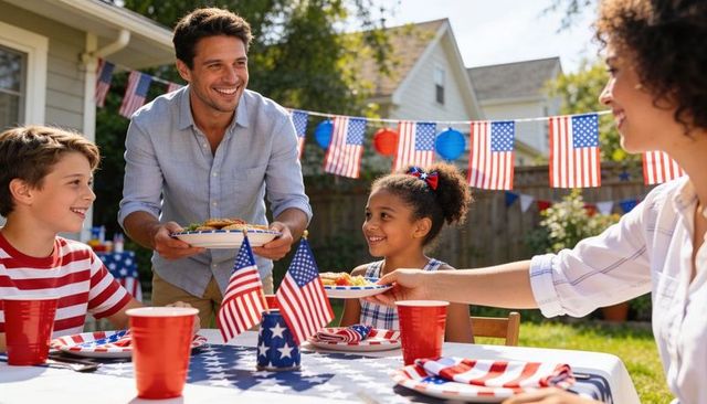 Family celebrating fourth of july backyard barbecue serving plates with flag decorations