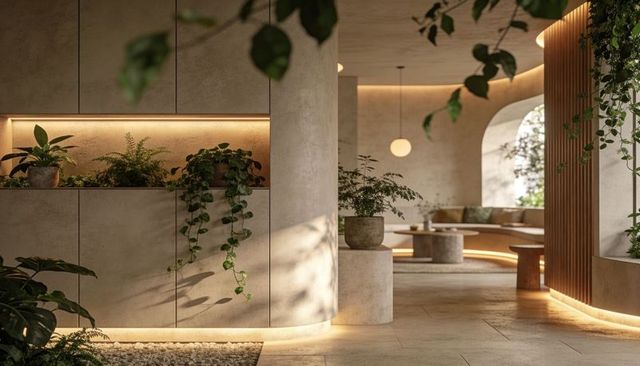 Featuring curved concrete column with cascading vines in warm biophilic lounge with lighting