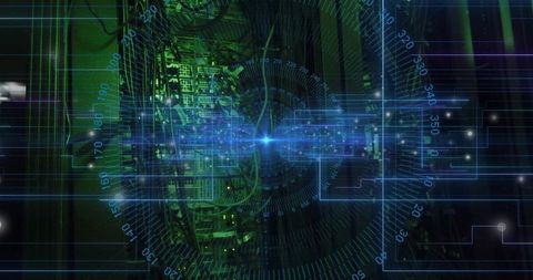 Futuristic Data Center with Holographic Display and Server Racks