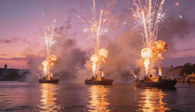 Boats launching fireworks and flame bursts over harbor at twilight