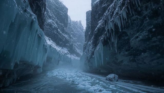 Icy Narrow Canyon with Towering Glacial Walls, Dramatic Icicles and Snow-Filled Mist