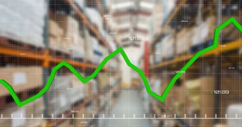 Financial growth chart in busy warehouse