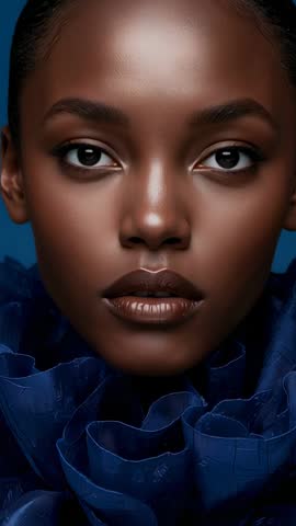 Vertical fashion portrait: model blinking and shifting gaze wearing ruffled blue collar