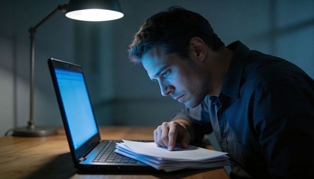 Man working late reviewing documents by laptop glow and desk lamp, focused on deadline