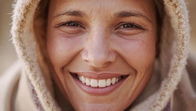 Closeup smiling woman wearing hooded shearling fleece coat, warm friendly natural portrait