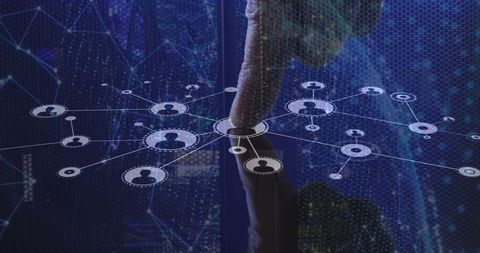 Finger engaging with futuristic digital network interface