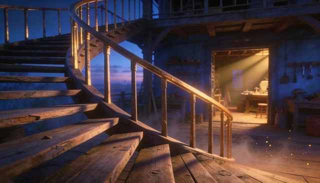 Curving rustic wooden spiral staircase bathed in warm workshop light with dust motes at twilight
