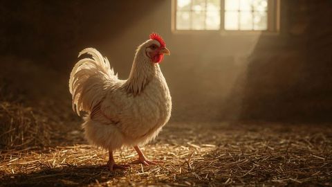 Rooster in sunlit barn highlighting rustic farm life