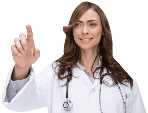 Caucasian female doctor touching virtual screen on transparent background