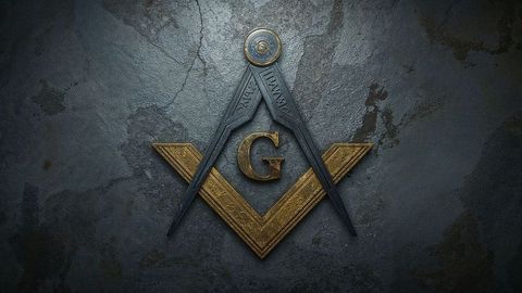 Golden masonic square and compasses emblem on stone background