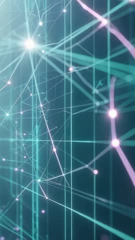 Futuristic 3D Grid Opening with Glowing Nodes, Stretching Lines and Rising Light Beams