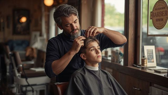 Skilled barber cutting teen hair in vintage wooden barbershop with warm ambience