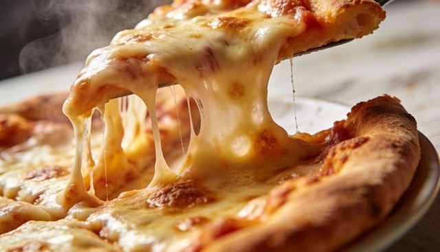 Pulling gooey cheese slice from melting mozzarella pizza with golden crust, steaming