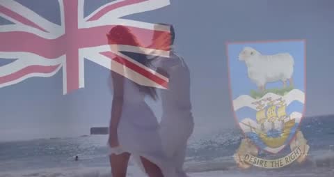 Romantic Beach Stroll with Overlay of Flag and Crest Symbols
