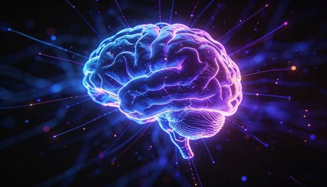 Neon Glowing Brain Hologram with Neural Filaments, Digital Particles and Grid Lines