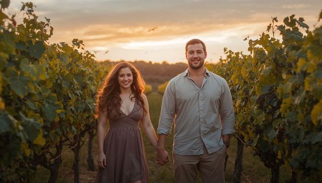 Couple walking hand in hand through vineyard at golden sunset, romantic evening stroll