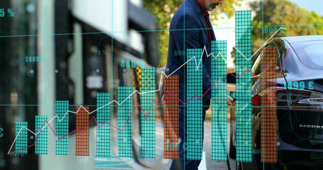 Businessman Fueling Car with Financial Charts Overlay - Download Free Stock Images Pikwizard.com