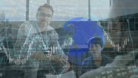 Business Professionals Analyzing Financial Data with Global Overlay Visualization