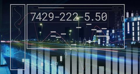 Displaying urban night traffic data overlay with light trails, candlestick charts