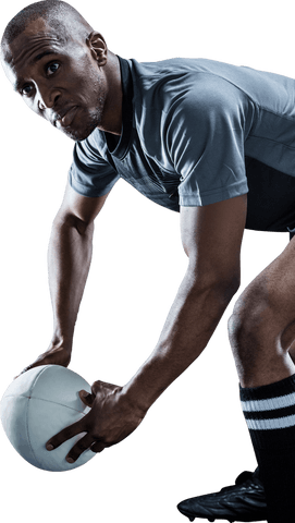 Transparent Rugby Player Holding Ball and Looking Focused