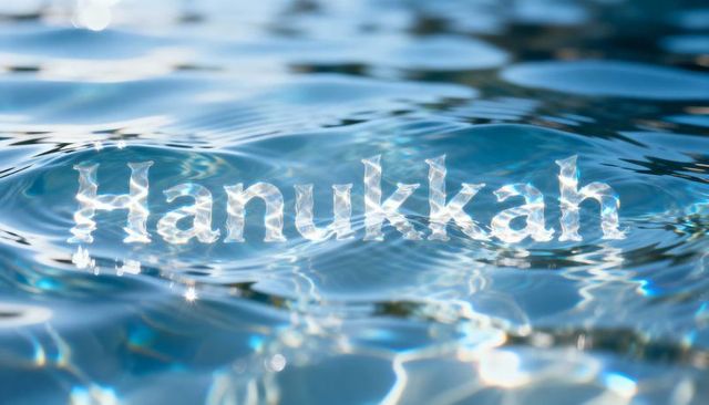 Shimmering Hanukkah letters forming on water surface with sparkling sunlight reflections