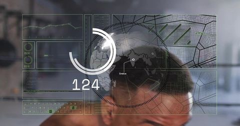 Man Leaning Behind Futuristic HUD Globe Overlay Showing India Maps Analytics Dashboard