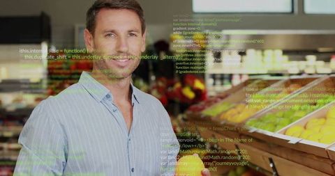 Man shopping for fresh fruit with digital code overlay