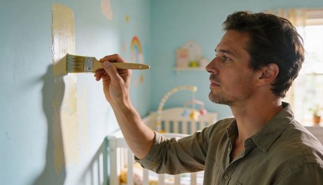 Parent painting nursery wall beige during sunlit pastel nursery makeover