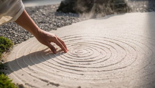 Tracing fingertip through concentric sand grooves in Zen garden under warm sunlight
