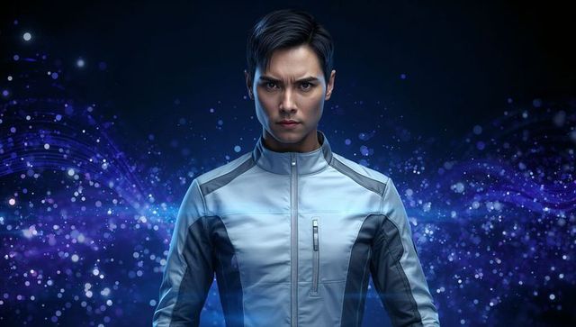 Futuristic asian male portrait standing and gazing wearing tech jacket with particle bokeh