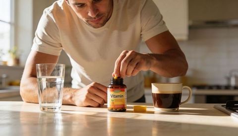 Morning vitamin ritual man taking supplement at sunlit kitchen counter with coffee