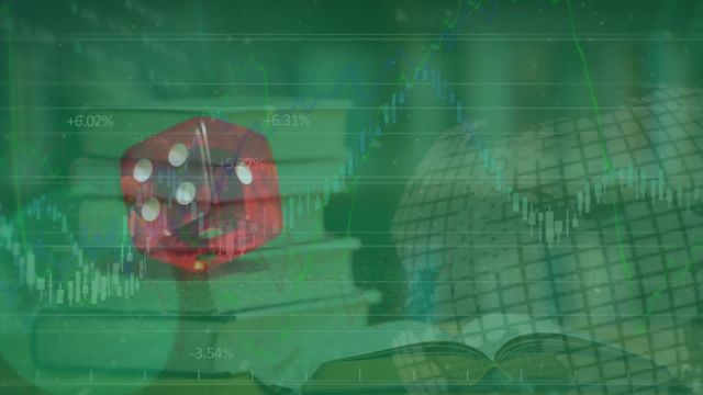 Dynamic concept image with superimposed dice, globe, and financial graphs symbolizing global market strategies and risk management. Ideal for illustrating finance-related articles, educational materials, and reports on international economics, risk assessment in financial planning or the intersection between global trade and modern technology.