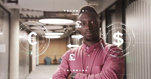 Confident Business Professional in Office with Floating Currency Symbols