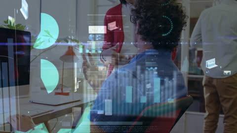 Busy Office with Overlapping Financial Data Analytics