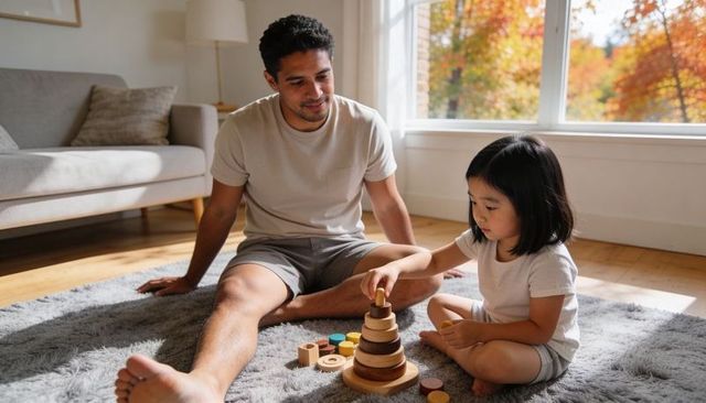 Father guiding daughter stacking wooden ring toy on rug in sunlit living room, bonding