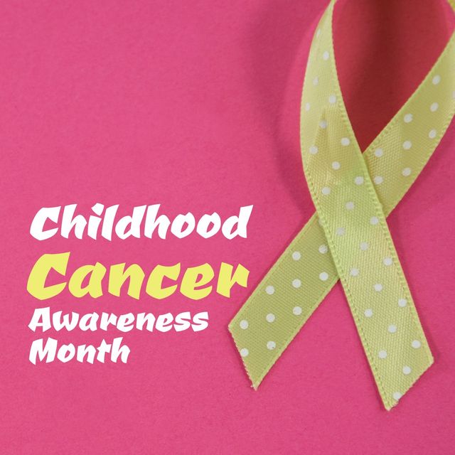 Promoting awareness of childhood cancer, this image features a yellow ribbon symbolizing support and solidarity, with text stating 'Childhood Cancer Awareness Month' on a pink background. Ideal for use in health campaigns, awareness posters, educational materials, and social media campaigns dedicated to supporting and raising awareness for children and families affected by childhood cancer.