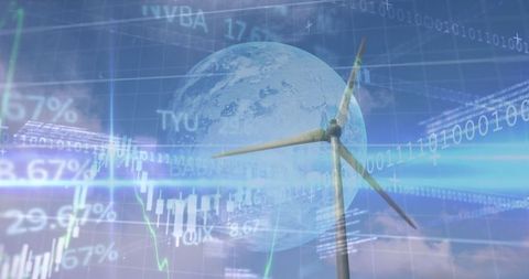 Global sustainability technology with wind turbine and financial data