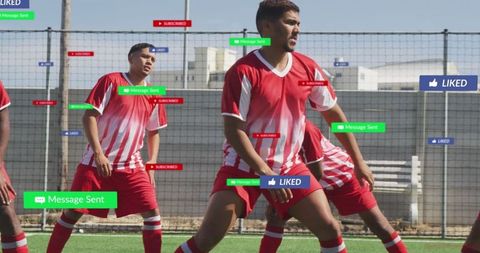 Mid adult soccer players training with social media overlays