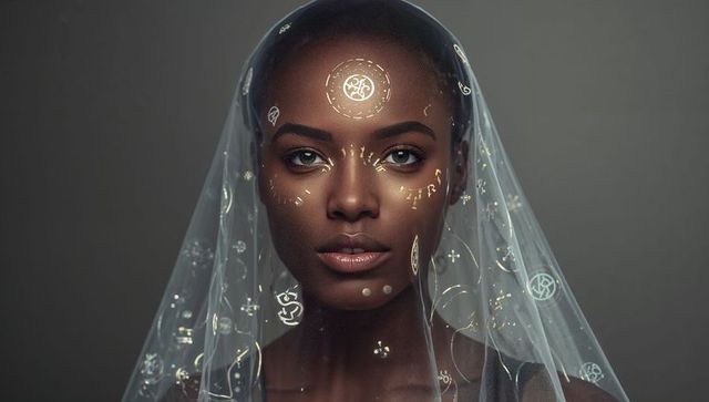 Serene female portrait wearing translucent veil with luminous gold sigils and ceremonial glyphs