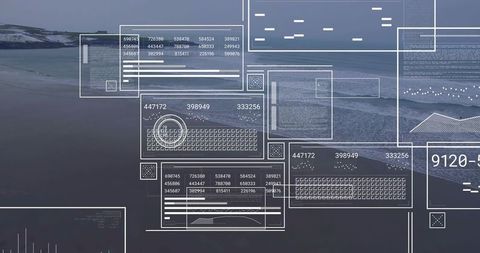 Futuristic HUD overlaying coastal ocean data with transparent dashboards and radar
