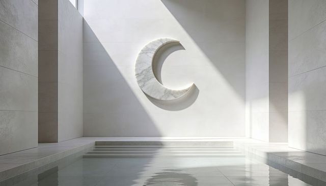 Minimal marble crescent sculpture above reflecting pool, skylight casting diagonal beam