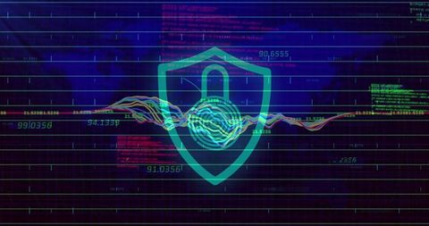 Shield Icon Overlay on Futuristic Data Grid for Cybersecurity