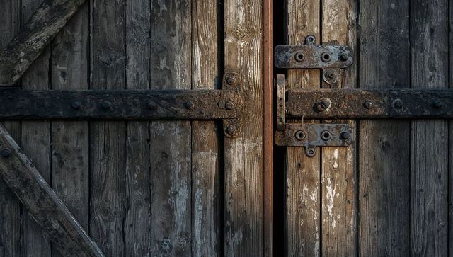 Weathered Barn Doors Revealing Sunlit Gap and Rusted Iron Hinges