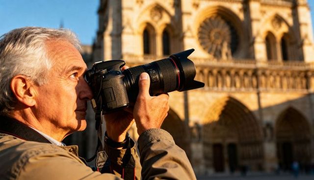 Senior man capturing gothic cathedral rose window with dslr at golden hour