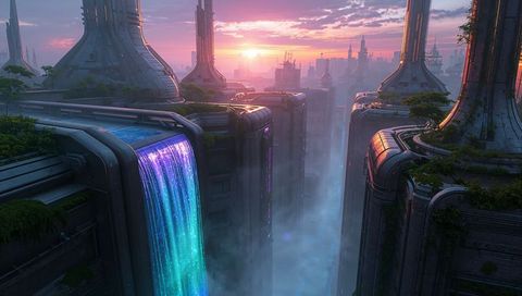 Glowing rooftop waterfall cascading into misty canyon at sunrise in futuristic cityscape