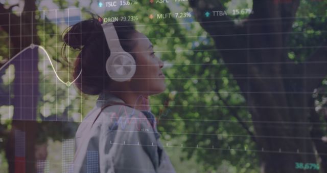 Woman Relaxing Outdoors with Headphones and Digital Stock Market Graph Overlay - Download Free Stock Images Pikwizard.com