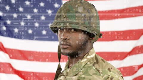 Proud American Soldier with Digital Overlay and Flag Background