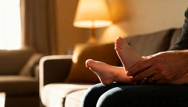 Parent holding child feet on couch in warm living room light tender family moment