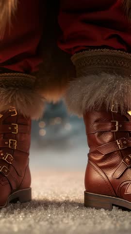Vertical video of fur-trimmed buckled boots stepping and shifting weight on sparkling snow
